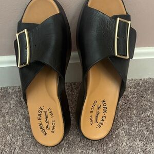 Kork-Ease Black Leather Mules with Gold Buckle